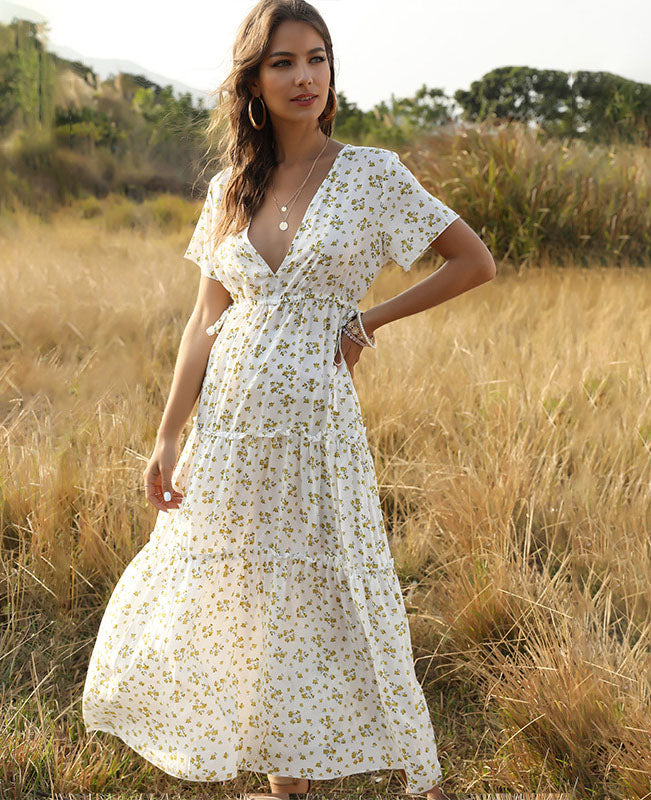 Floral Boho Dress Maxi Length Side Split Beach Dress