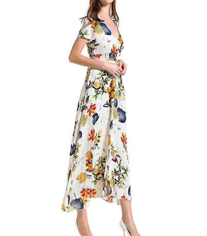 Women's Bohemian Floral Printed V Neck Short Sleeve Maxi Dress