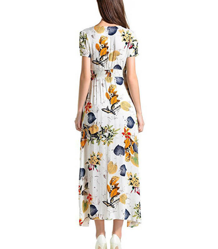Women's Bohemian Floral Printed V Neck Short Sleeve Maxi Dress