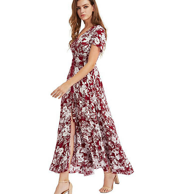 Women's Bohemian Floral Printed V Neck Short Sleeve Maxi Dress