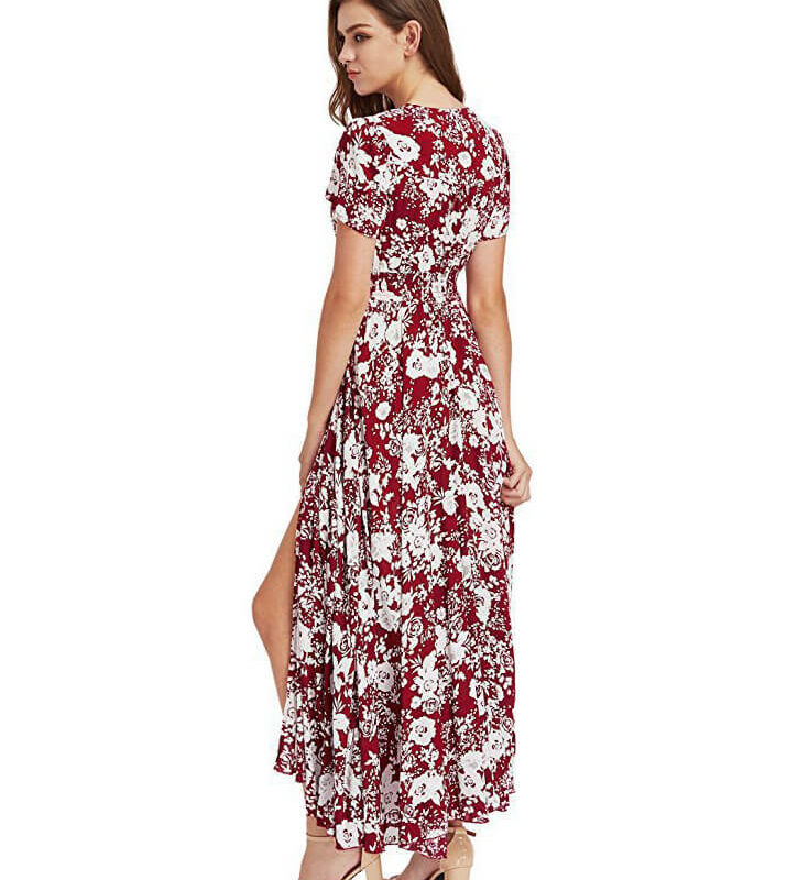 Women's Bohemian Floral Printed V Neck Short Sleeve Maxi Dress