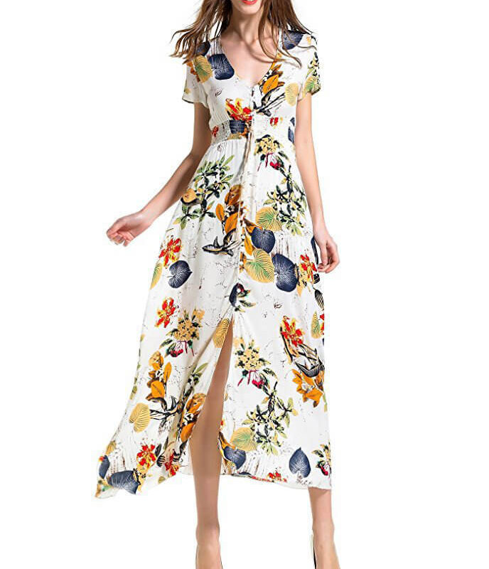Women's Bohemian Floral Printed V Neck Short Sleeve Maxi Dress