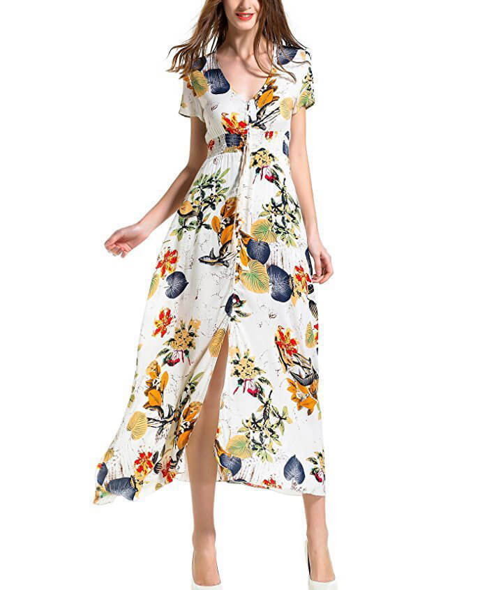 Women's Bohemian Floral Printed V Neck Short Sleeve Maxi Dress