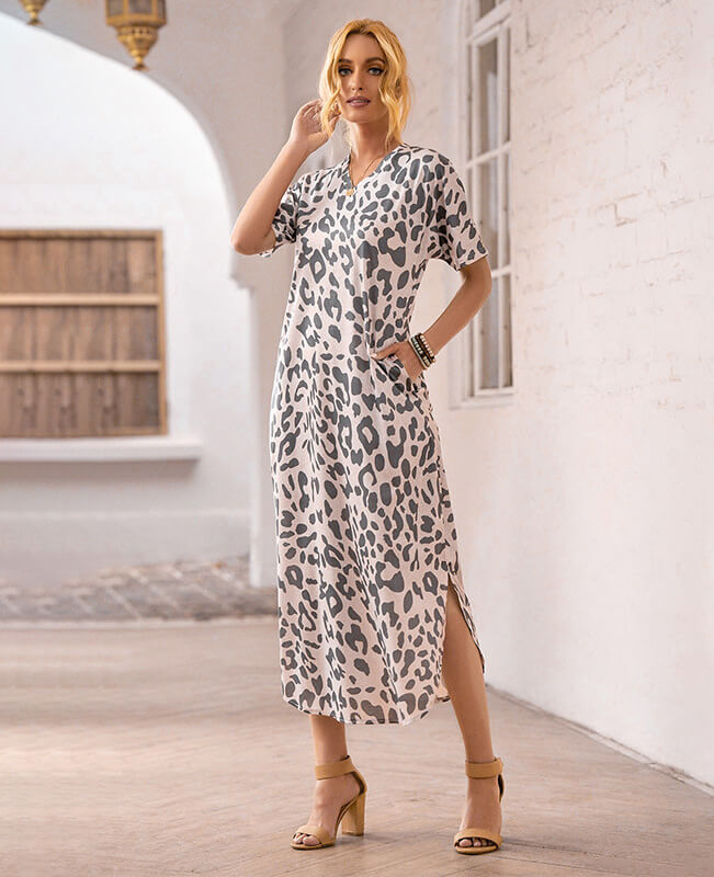 Women's Short Sleeve Leopard Pattern Slit Hem Dress