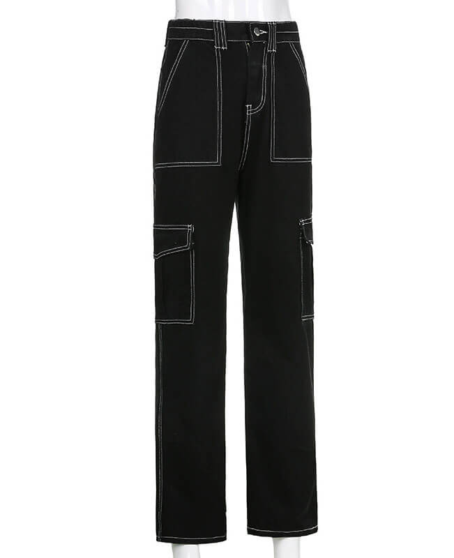 Patchwork Black Baggy Jeans Cargo Pants