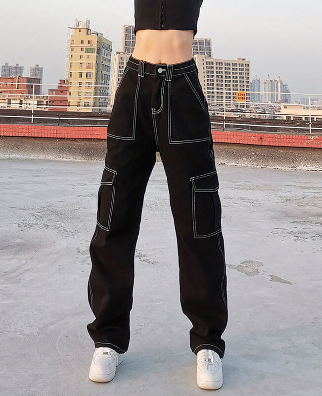 Patchwork Black Baggy Jeans Cargo Pants