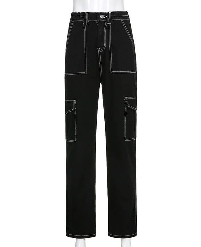 Patchwork Black Baggy Jeans Cargo Pants