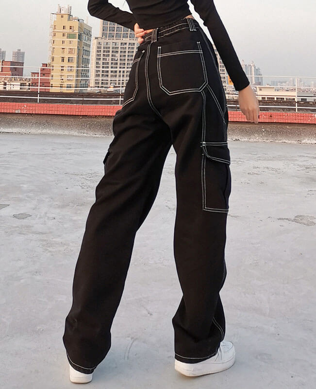 Patchwork Black Baggy Jeans Cargo Pants