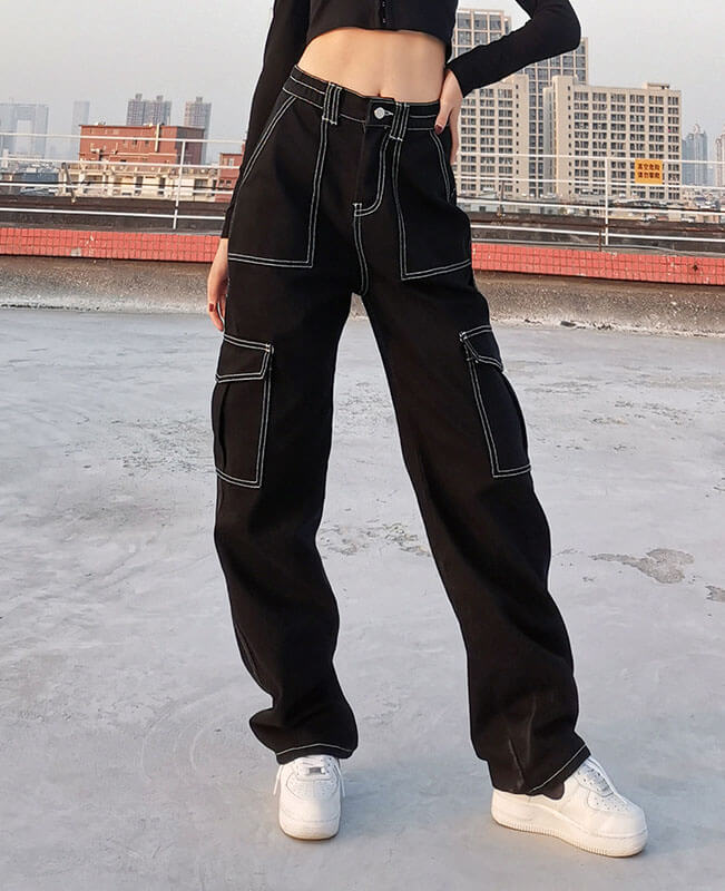 Patchwork Black Baggy Jeans Cargo Pants