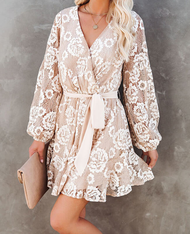 White Ruffle Lace Dress Long Sleeve Mini Boho Dress
