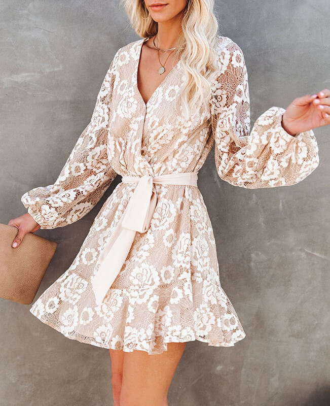 White Ruffle Lace Dress Long Sleeve Mini Boho Dress