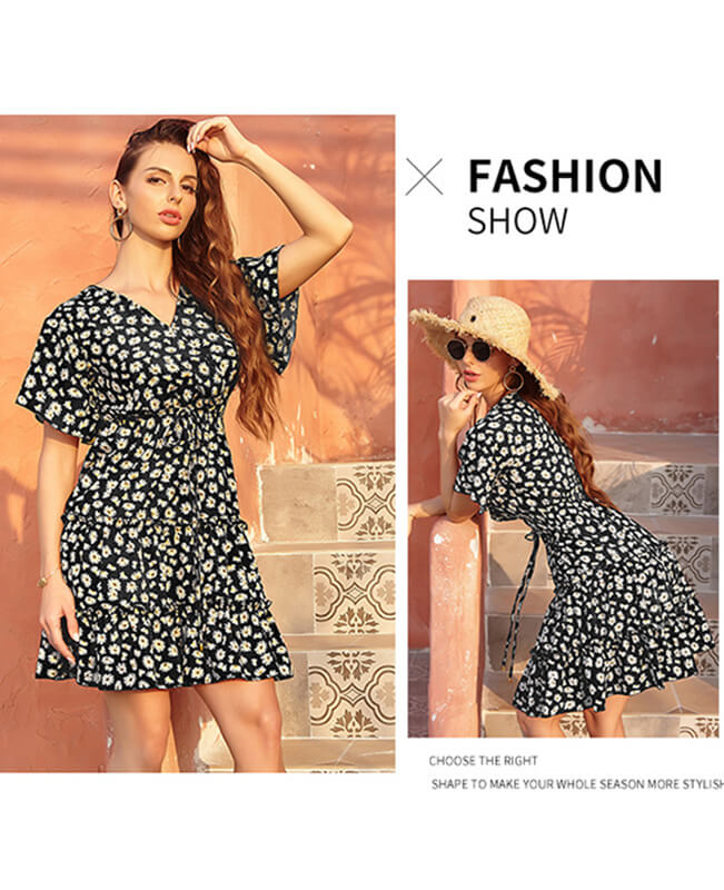 Women's Floral Print V-Neck Wrap Chiffon Casual Dresses