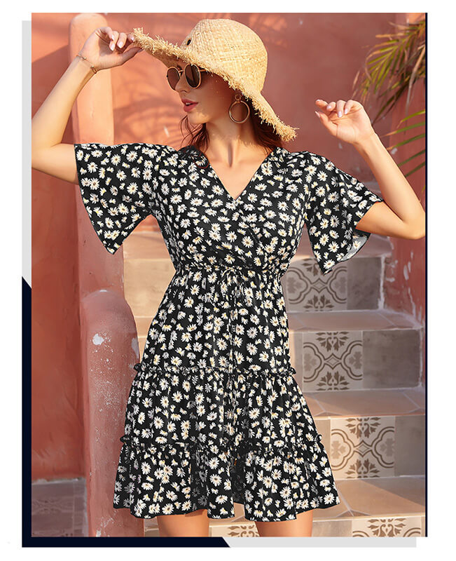 Women's Floral Print V-Neck Wrap Chiffon Casual Dresses