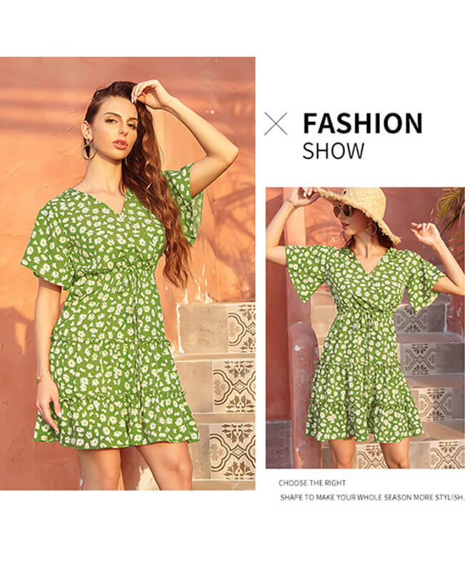 Women's Floral Print V-Neck Wrap Chiffon Casual Dresses