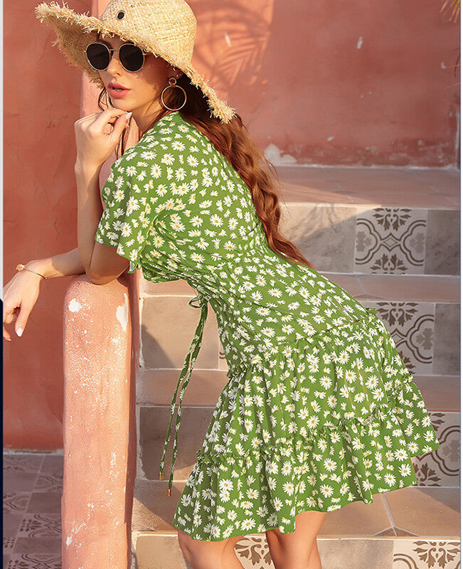 Women's Floral Print V-Neck Wrap Chiffon Casual Dresses