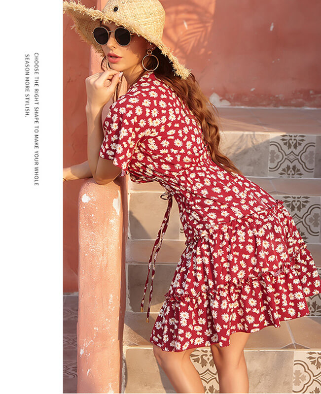 Women's Floral Print V-Neck Wrap Chiffon Casual Dresses