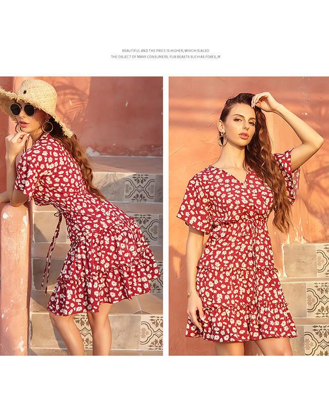 Women's Floral Print V-Neck Wrap Chiffon Casual Dresses
