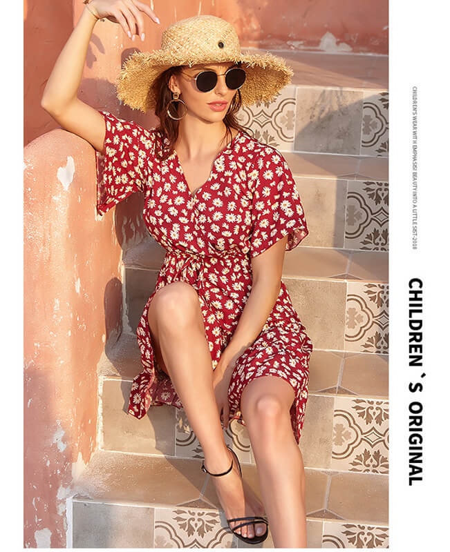 Women's Floral Print V-Neck Wrap Chiffon Casual Dresses