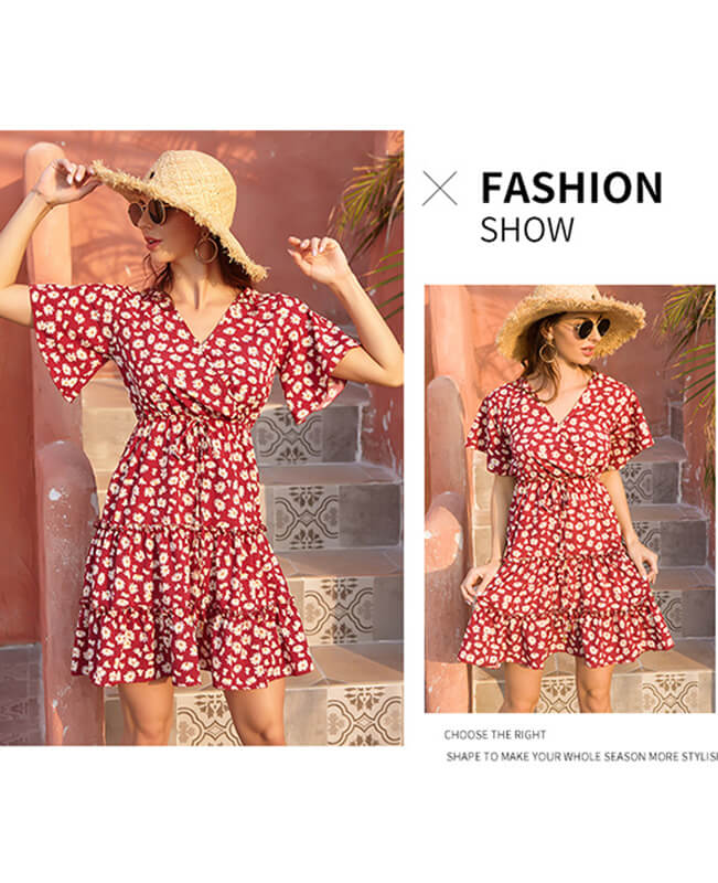 Women's Floral Print V-Neck Wrap Chiffon Casual Dresses