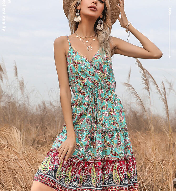 V-neck Sleeveless Backless Green Floral Mini Dress
