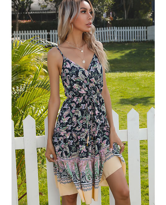 V-neck Sleeveless Backless Green Floral Mini Dress