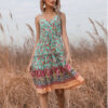 V-neck Sleeveless Backless Green Floral Mini Dress