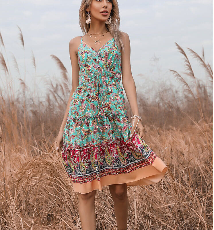 V-neck Sleeveless Backless Green Floral Mini Dress