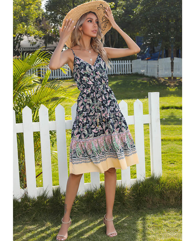 V-neck Sleeveless Backless Green Floral Mini Dress