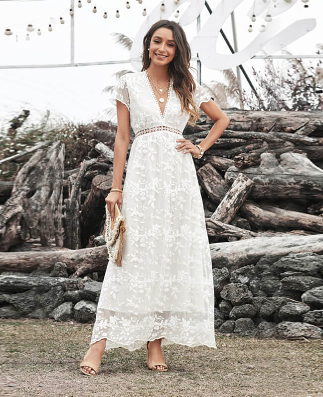 White Lace Hook Flower Hollow Long Dresses