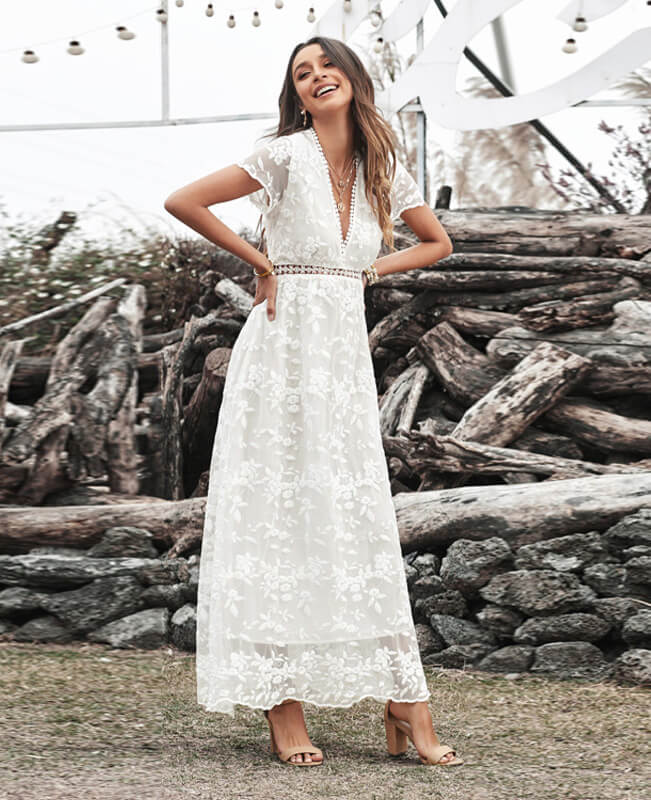 White Lace Hook Flower Hollow Long Dresses
