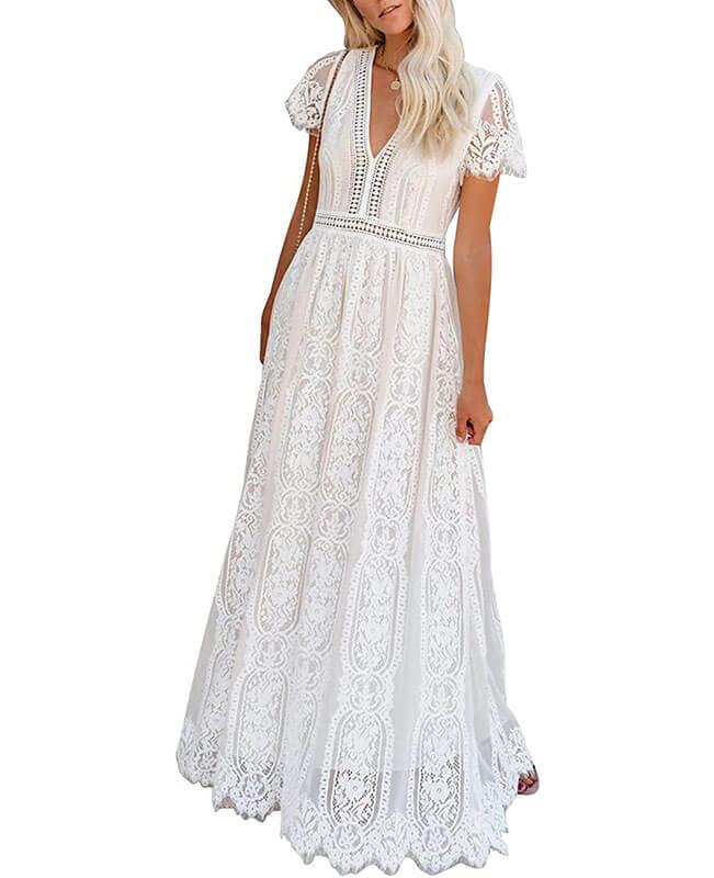 Long White Lace Boho Dress Beach Wedding Dress