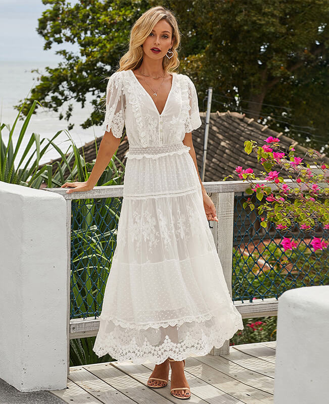 Women V-neck White Lace Maxi Dress