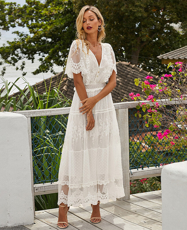 Women V-neck White Lace Maxi Dress