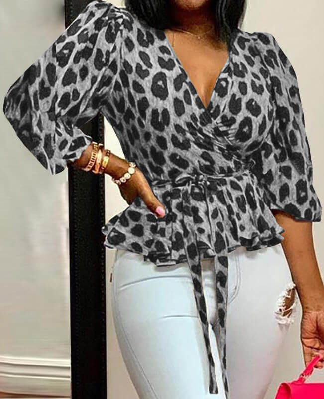 Women's Casual Tops V-Neck Leopard Loose Blouse