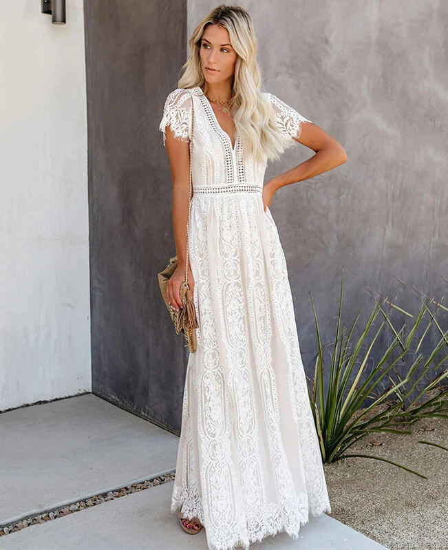 Long White Lace Boho Dress Beach Wedding Dress