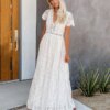 Long White Lace Boho Dress Beach Wedding Dress