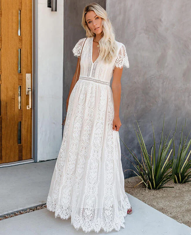 Long White Lace Boho Dress Beach Wedding Dress