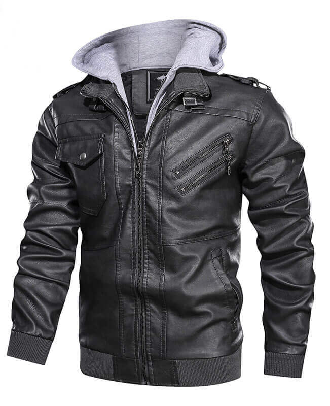 PU Men Black Leather Jacket Zip-Up Motorcycle Bomber Jacket