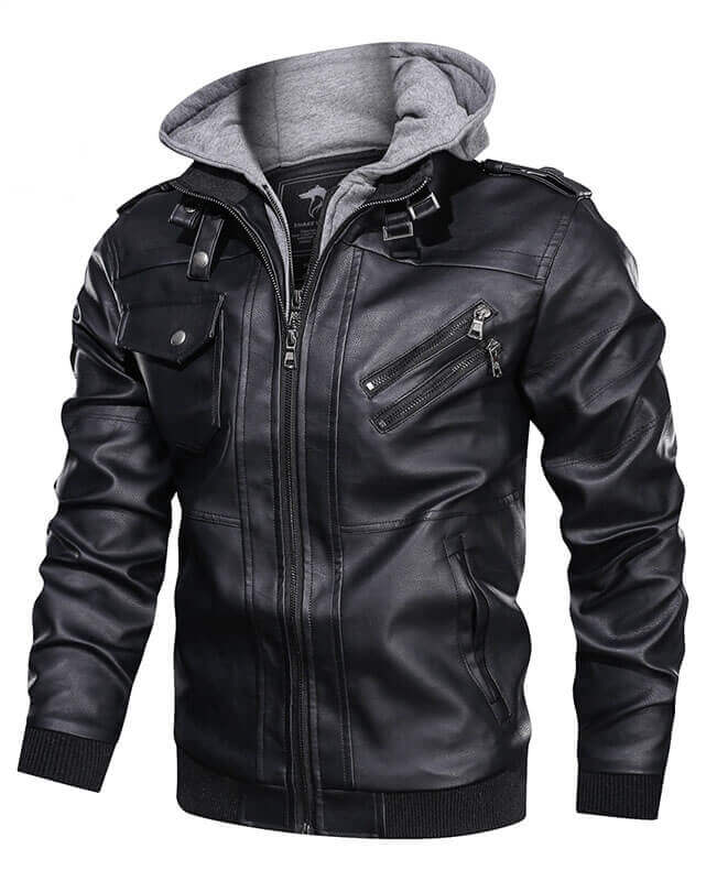 PU Men Black Leather Jacket Zip-Up Motorcycle Bomber Jacket