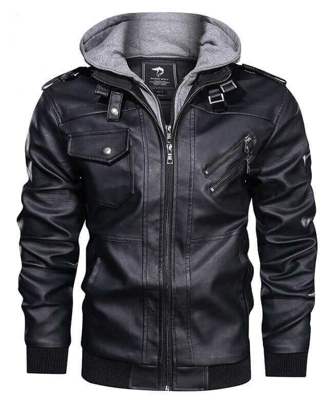 PU Men Black Leather Jacket Zip-Up Motorcycle Bomber Jacket