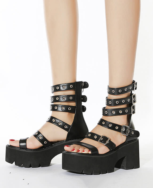 Women Roman Cutout Goth Platform Sandals Classic Chunky Heel Shoes