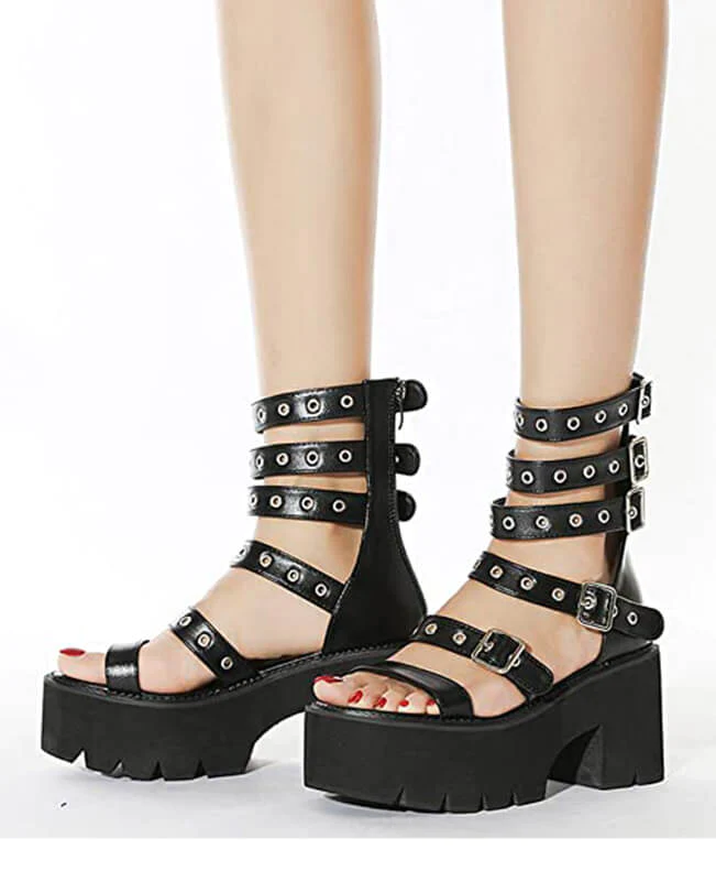 Women Roman Cutout Goth Platform Sandals Classic Chunky Heel Shoes