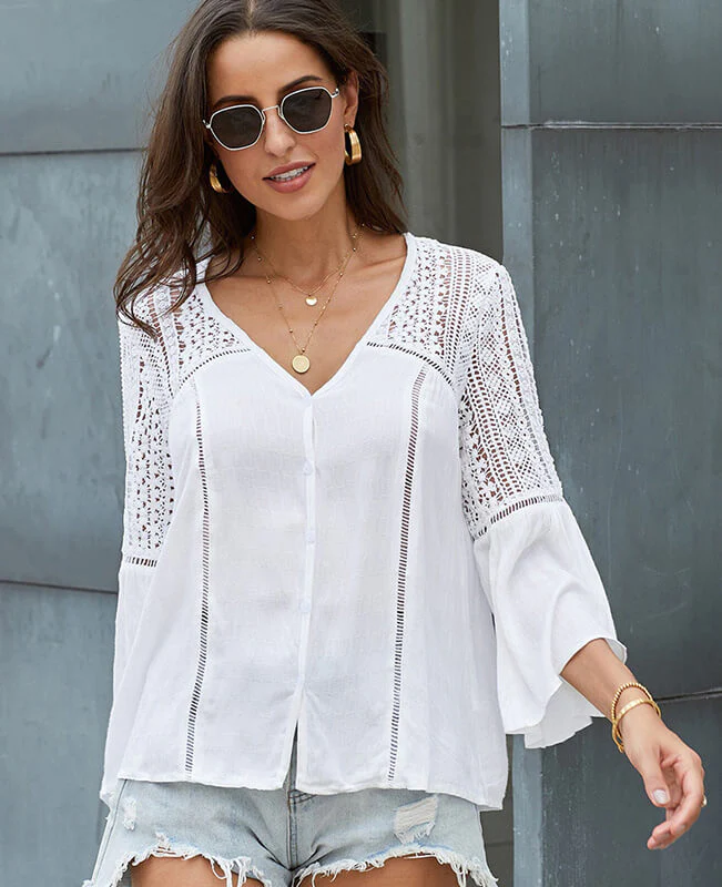 V-neck Blouse Women Long sleeve Crochet Loose Top