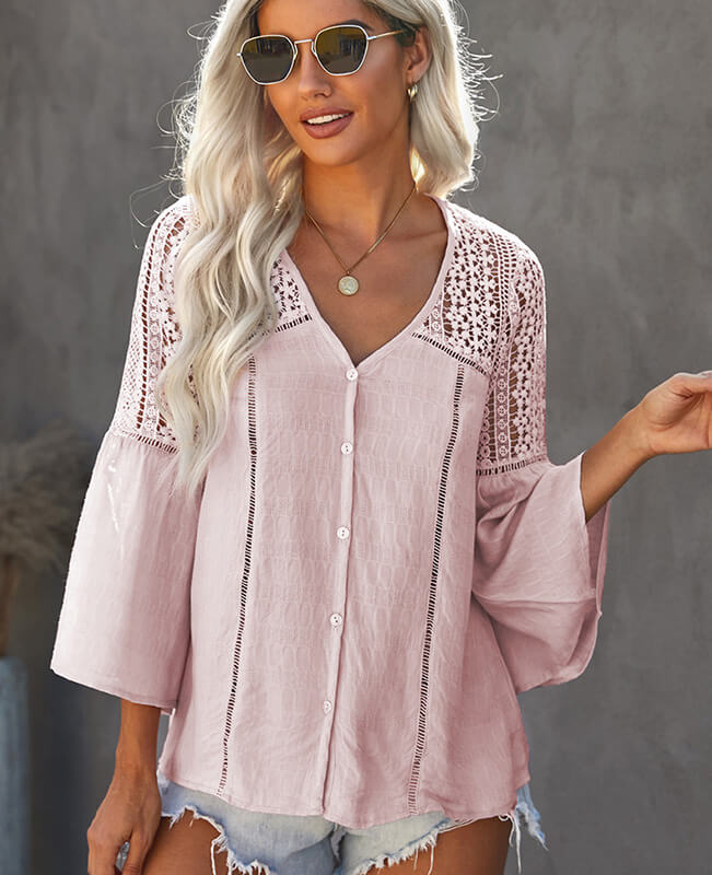 V-neck Blouse Women Long sleeve Crochet Loose Top