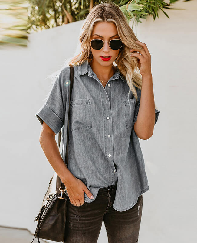 V Neck Short Sleeve Blouse Lapel Top Women