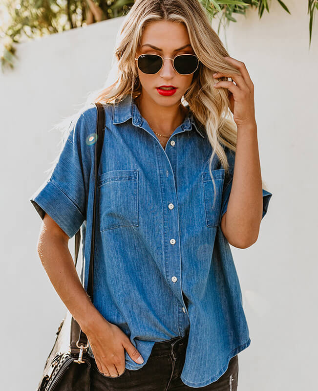 V Neck Short Sleeve Blouse Lapel Top Women