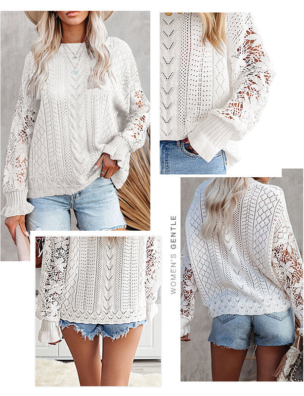 Hollow Out Crochet Lace Sweater Women Knit Pullover Tops