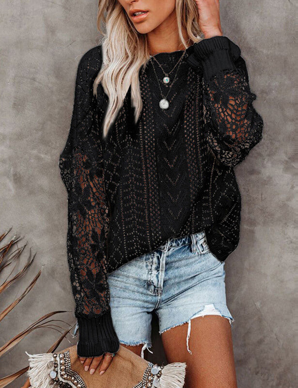 Hollow Out Crochet Lace Sweater Women Knit Pullover Tops