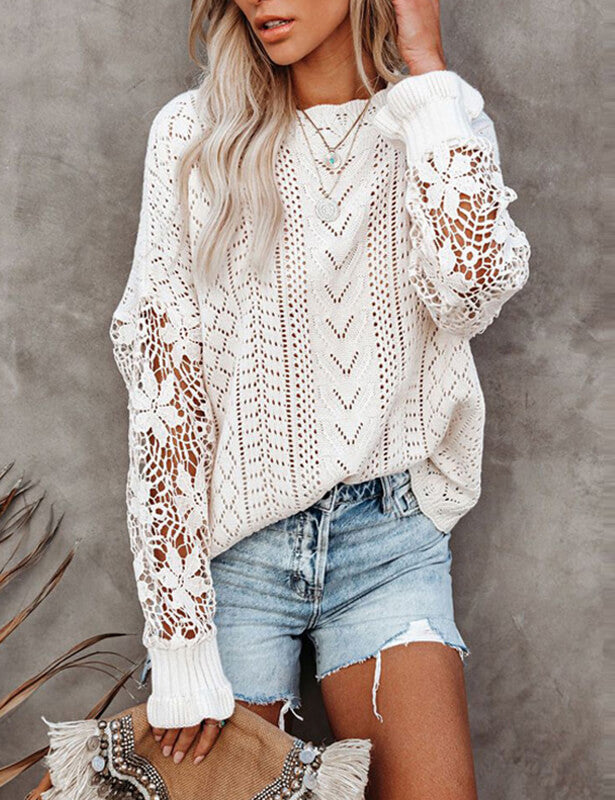 Hollow Out Crochet Lace Sweater Women Knit Pullover Tops
