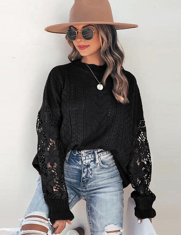 Hollow Out Crochet Lace Sweater Women Knit Pullover Tops